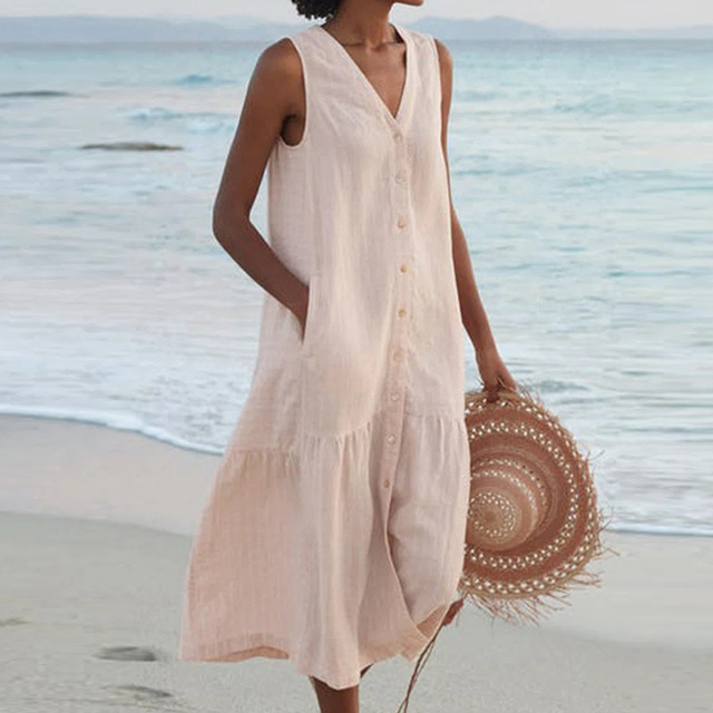 Barbara™ | Mouwloze Midi-jurk met Knopen