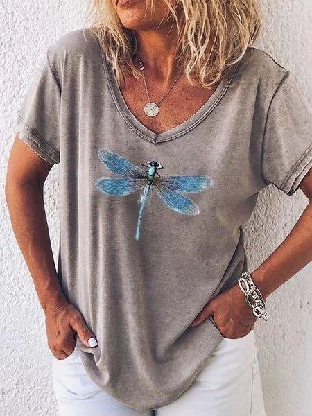 Luna | Dames T-shirt met Libelleprint en V-hals met Korte Mouwen