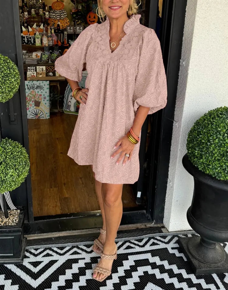 Faye | Dames Puff Sleeve Mini Jurk V-Hals Smock Babydoll
