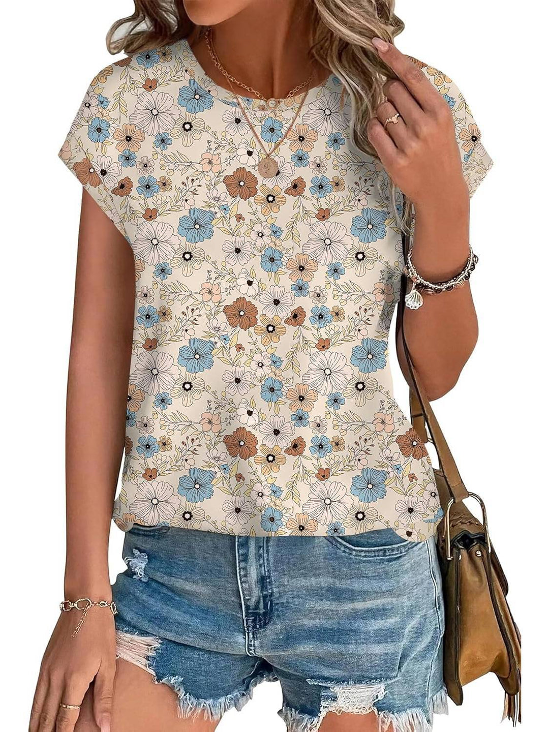 Meadow | Vrouwen Bladeren Print Crew Neck Cap Mouw Casual Top