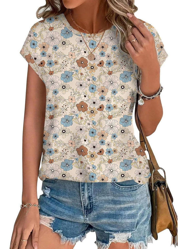 Meadow | Vrouwen Bladeren Print Crew Neck Cap Mouw Casual Top