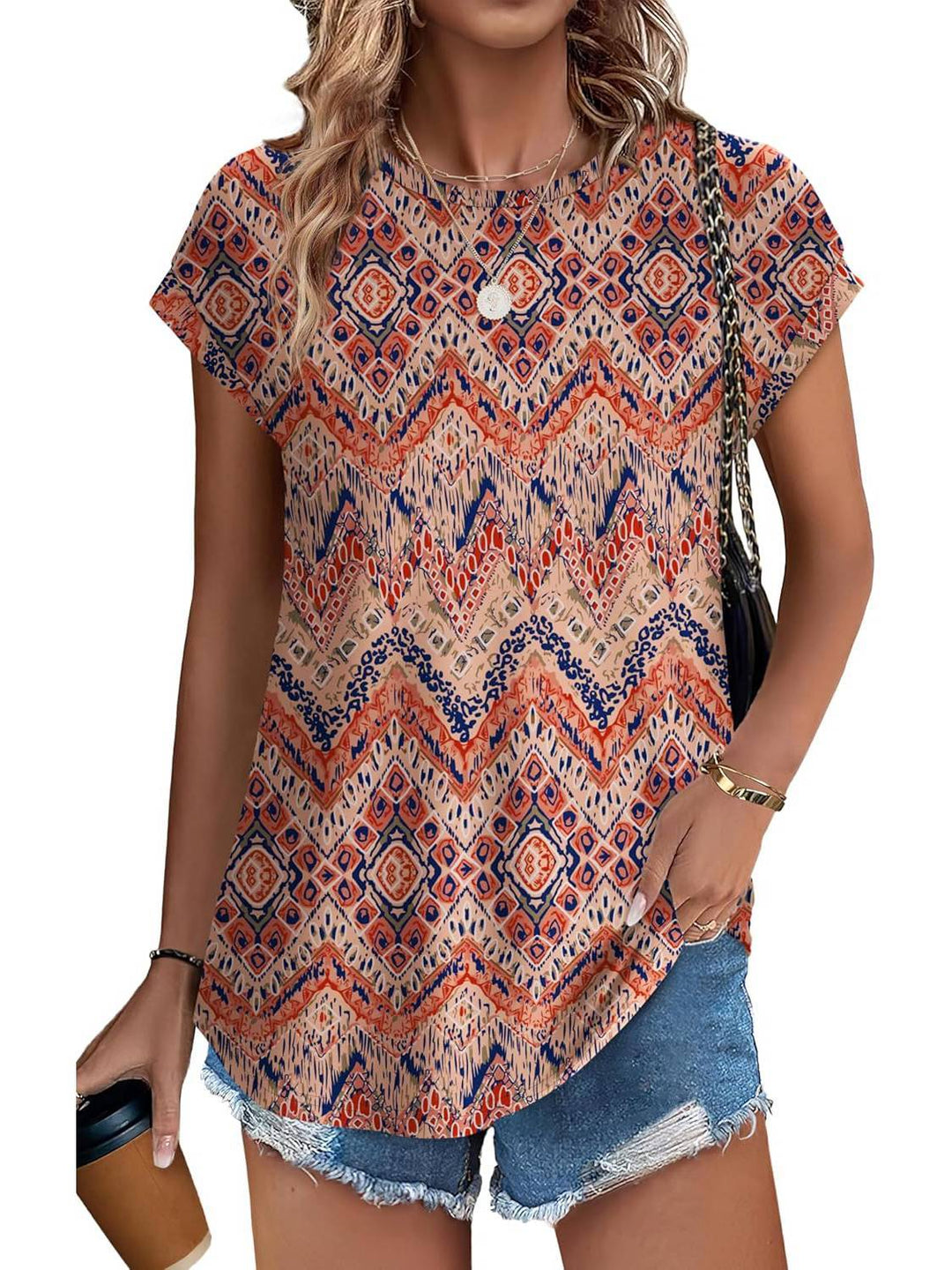 Meadow | Vrouwen Bladeren Print Crew Neck Cap Mouw Casual Top