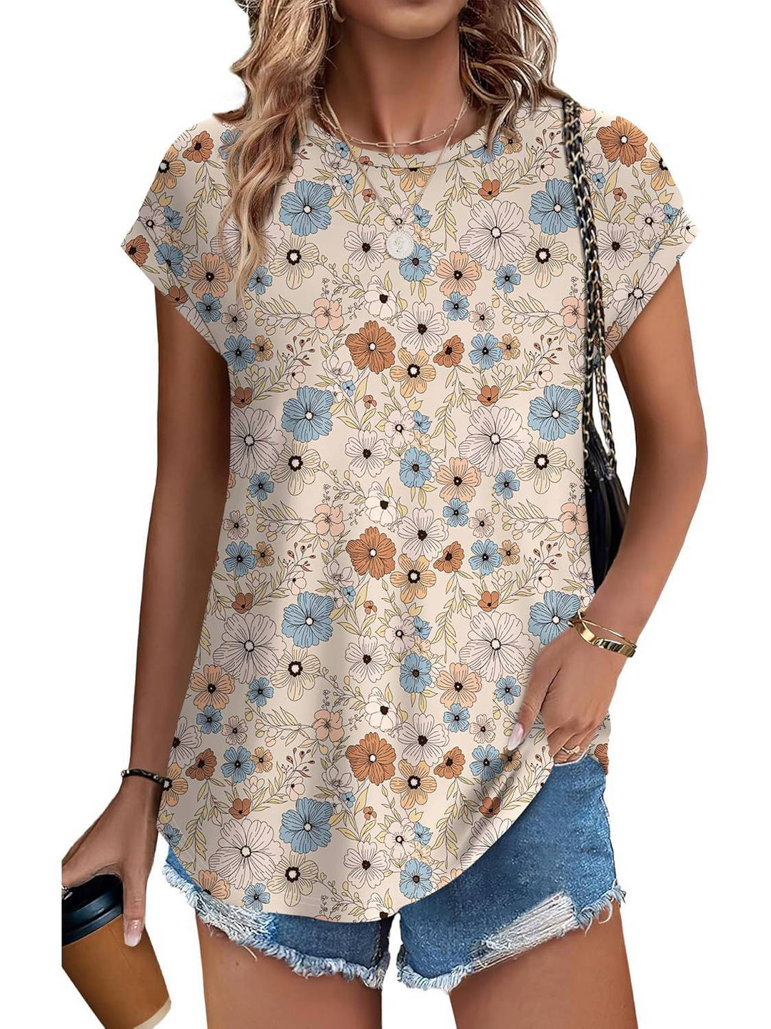 Meadow | Vrouwen Bladeren Print Crew Neck Cap Mouw Casual Top