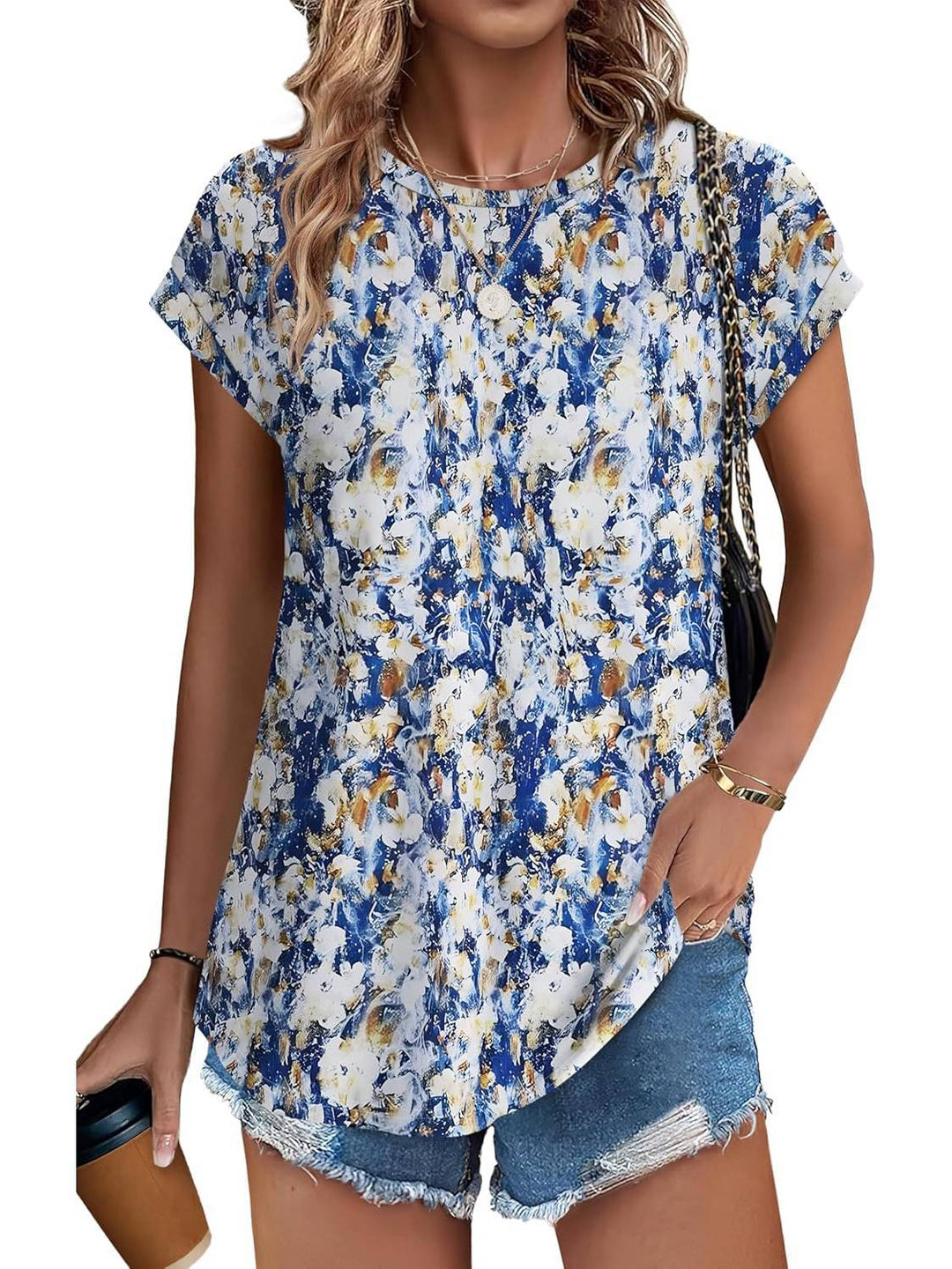 Meadow | Vrouwen Bladeren Print Crew Neck Cap Mouw Casual Top