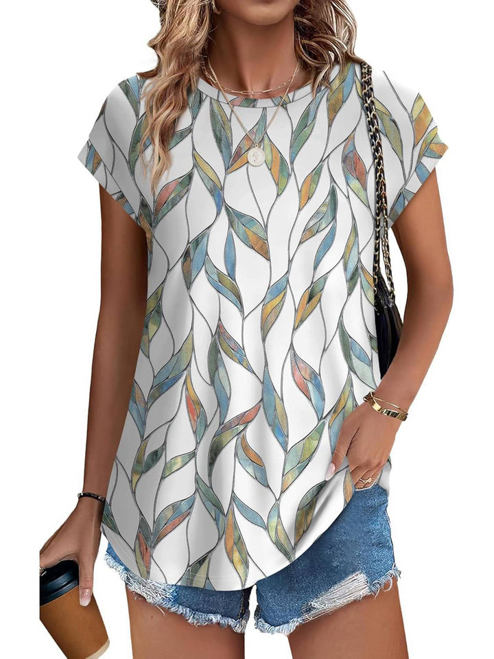 Meadow | Vrouwen Bladeren Print Crew Neck Cap Mouw Casual Top