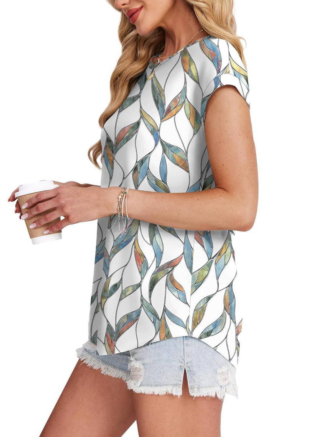 Meadow | Vrouwen Bladeren Print Crew Neck Cap Mouw Casual Top