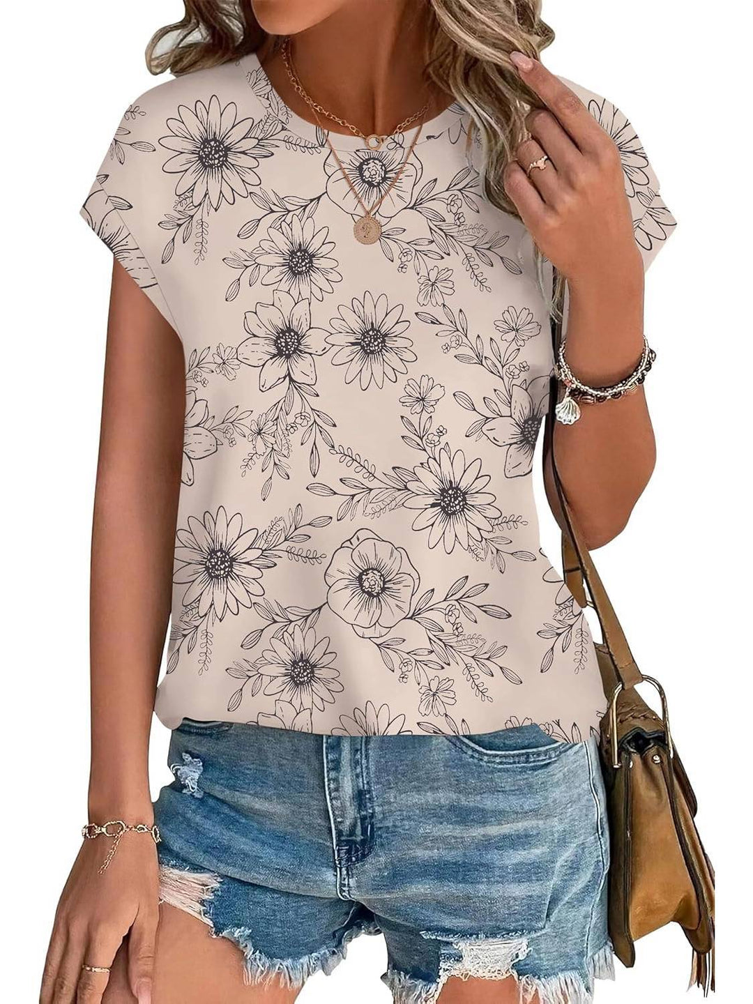 Meadow | Vrouwen Bladeren Print Crew Neck Cap Mouw Casual Top