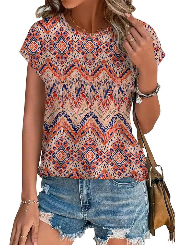 Meadow | Vrouwen Bladeren Print Crew Neck Cap Mouw Casual Top