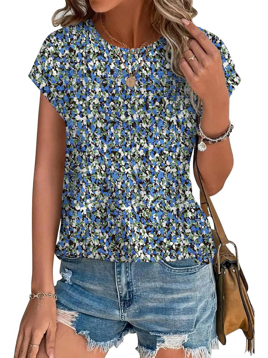 Meadow | Vrouwen Bladeren Print Crew Neck Cap Mouw Casual Top