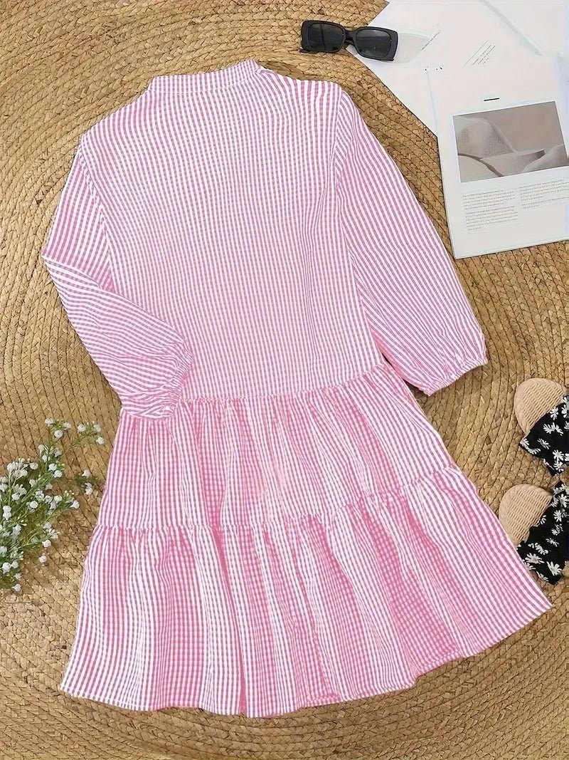 Rosie | Dames Gingham Print Knop-down Mini Jurk 3/4 Mouw