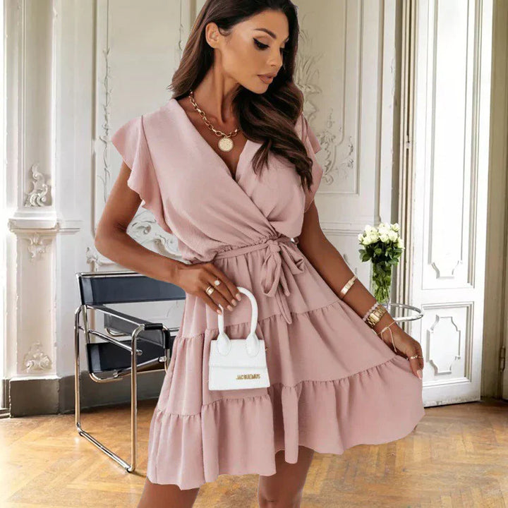 Blossom | Vrouwen Wrap Mini Jurk Met Flutter Mouwen Ruffle Ceintuur