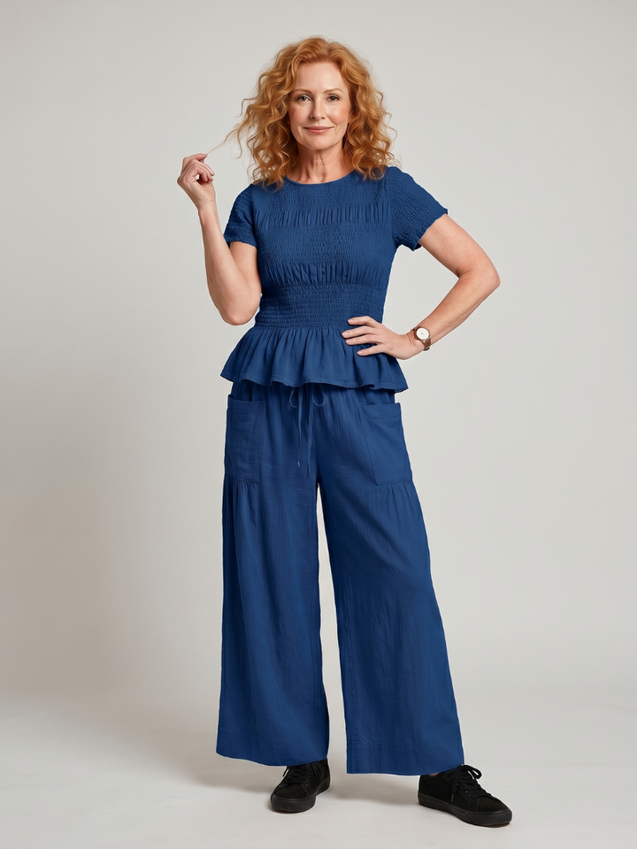 Eirenne | Peplum Detail Gerimpelde Top En Wijde Broek Set