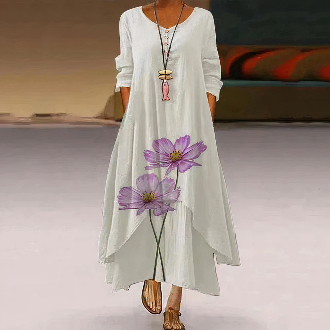 Flora | Dames Lange Mouwen Losse Maxi Jurk met Bloemenprint