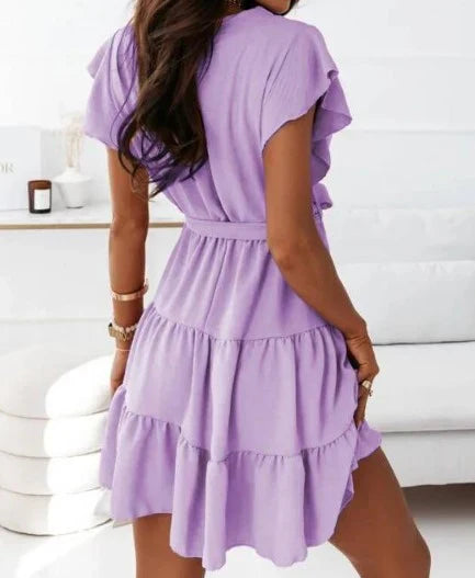 Blossom | Vrouwen Wrap Mini Jurk Met Flutter Mouwen Ruffle Ceintuur