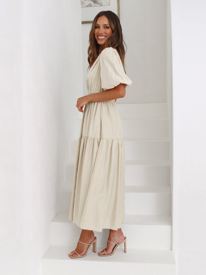 Noelle | Dames Midi-jurk met V-hals en Pofmouwen met Geraffineerde Taille