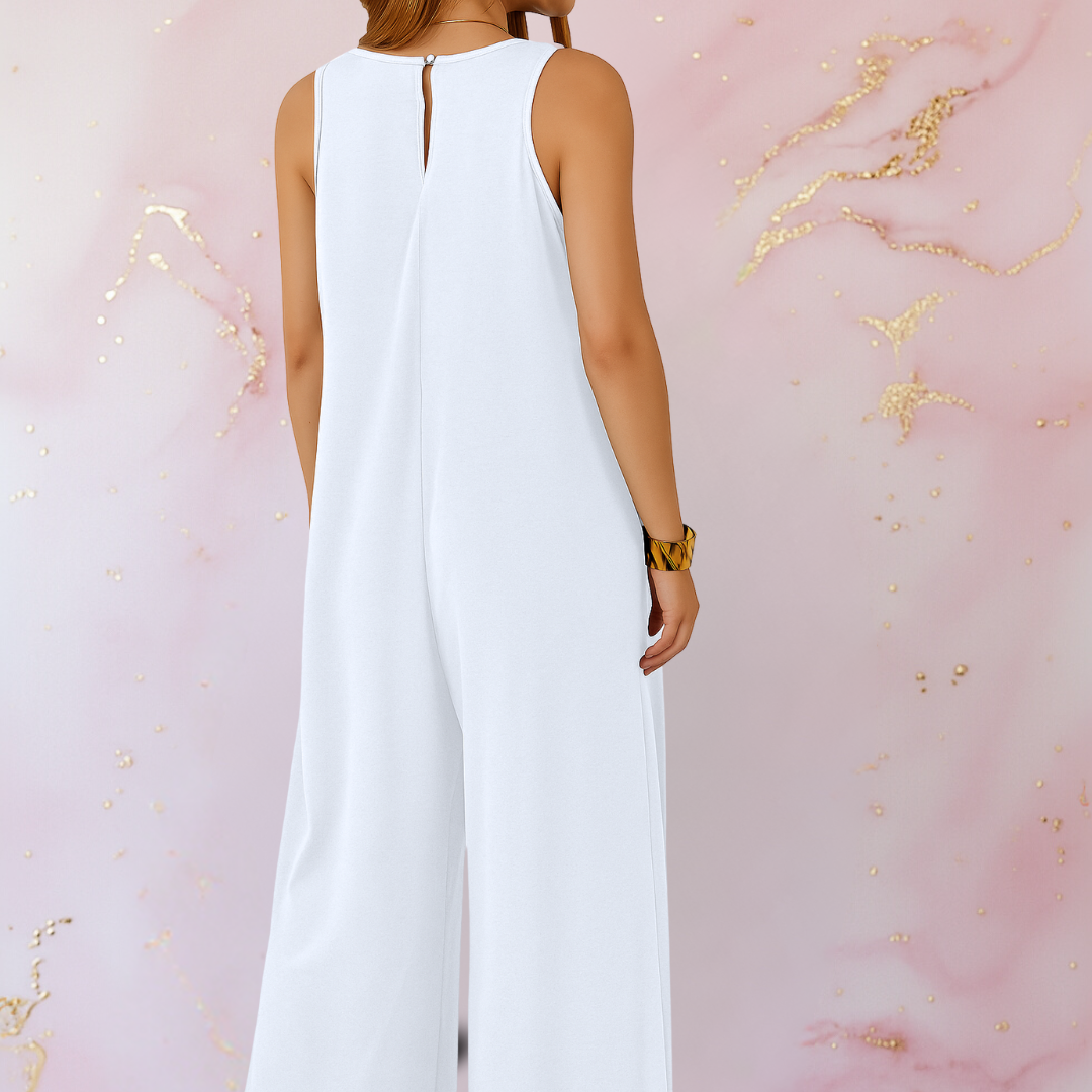 Onyx | Dames V-hals Mouwloze Wijde Pijpen Jumpsuit met Zakken