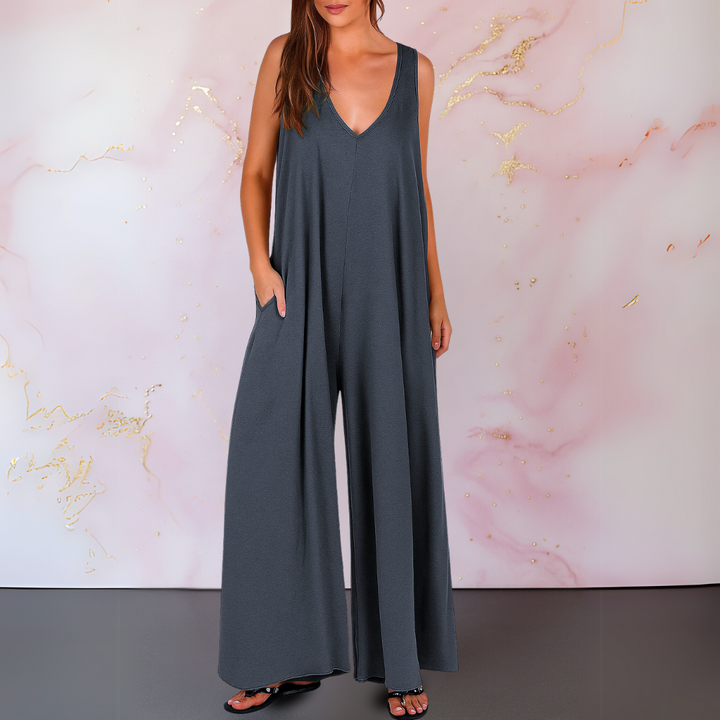 Onyx | Dames V-hals Mouwloze Wijde Pijpen Jumpsuit met Zakken