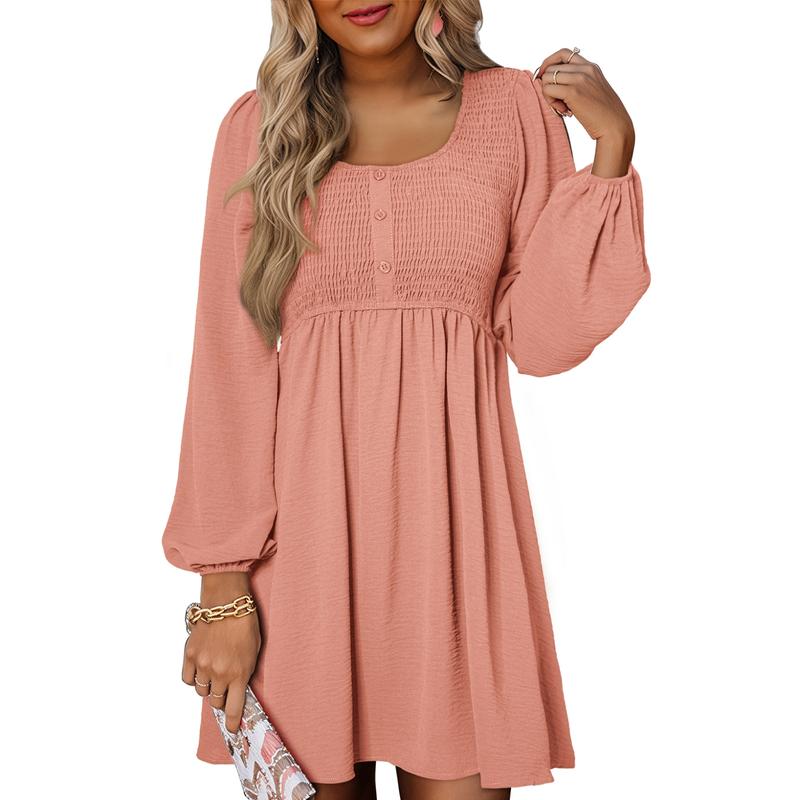 Herfst | Dames Smocked Empire Taille Lange Mouw Mini Jurk