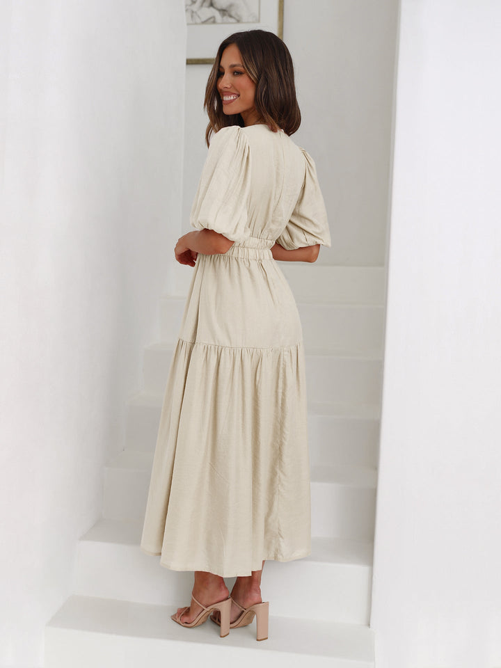 Noelle | Dames Midi-jurk met V-hals en Pofmouwen met Geraffineerde Taille