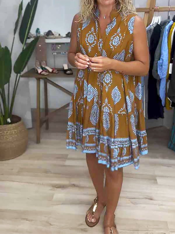 Zara | Vrouwen Boho Print V-Hals Mouwloze Gelaagde Mini Jurk