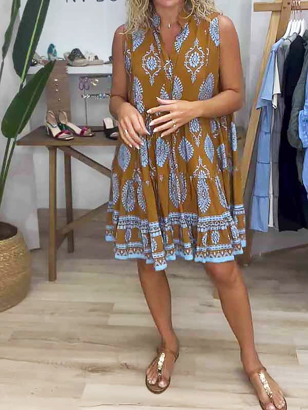 Zara | Vrouwen Boho Print V-Hals Mouwloze Gelaagde Mini Jurk