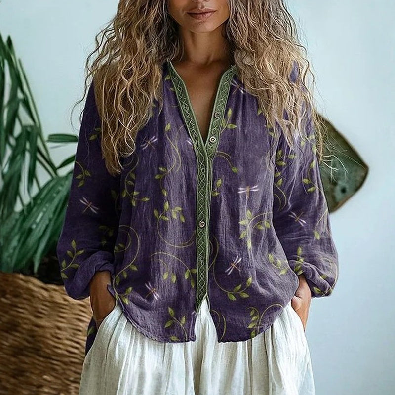 Verena | Elegante Vintage Bladerenprint Shirt