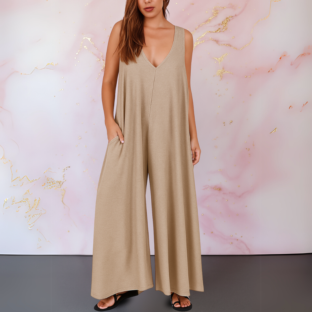 Onyx | Dames V-hals Mouwloze Wijde Pijpen Jumpsuit met Zakken