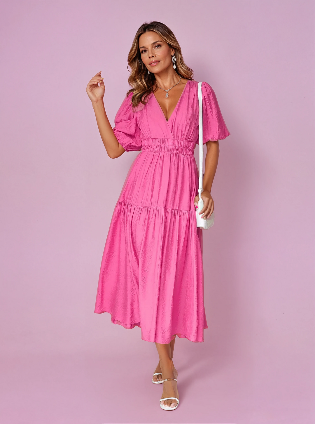 Noelle | Dames Midi-jurk met V-hals en Pofmouwen met Geraffineerde Taille