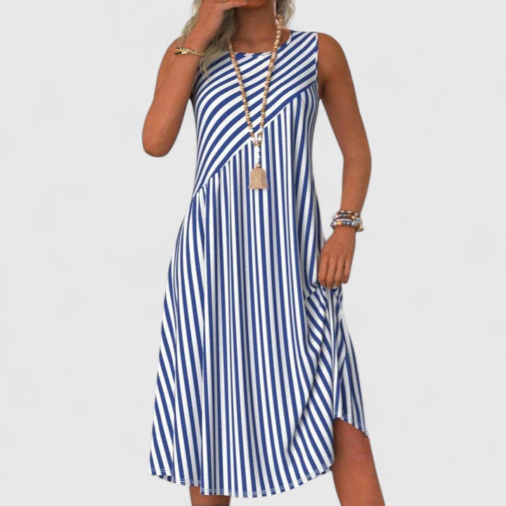 Breezy | Dames Gestreepte Mouwloze Midi Jurk Ronde Hals Zomerjurk