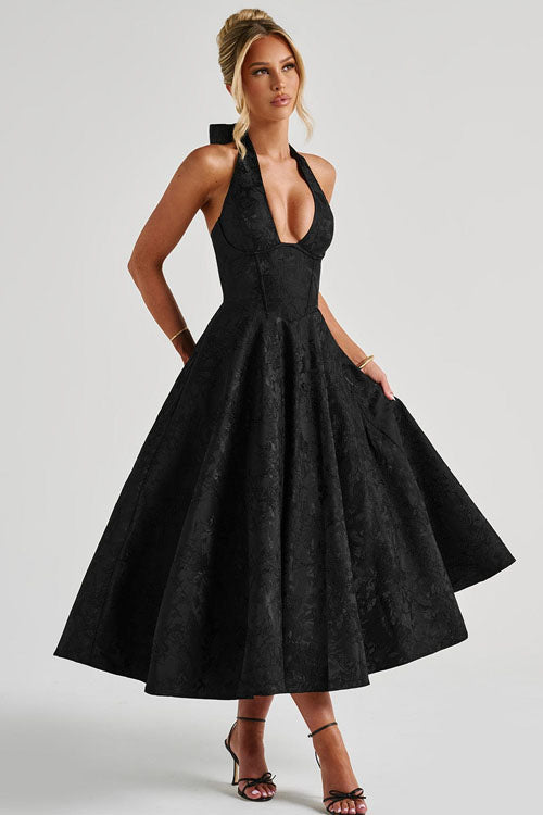 Genevieve™ | V-Hals Halterneck Mouwloze Jacquard Maxi Jurk