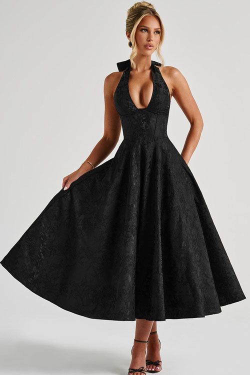 Genevieve™ | V-Hals Halterneck Mouwloze Jacquard Maxi Jurk