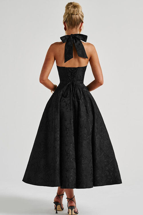 Genevieve™ | V-Hals Halterneck Mouwloze Jacquard Maxi Jurk