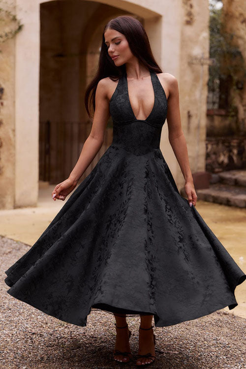 Genevieve™ | V-Hals Halterneck Mouwloze Jacquard Maxi Jurk