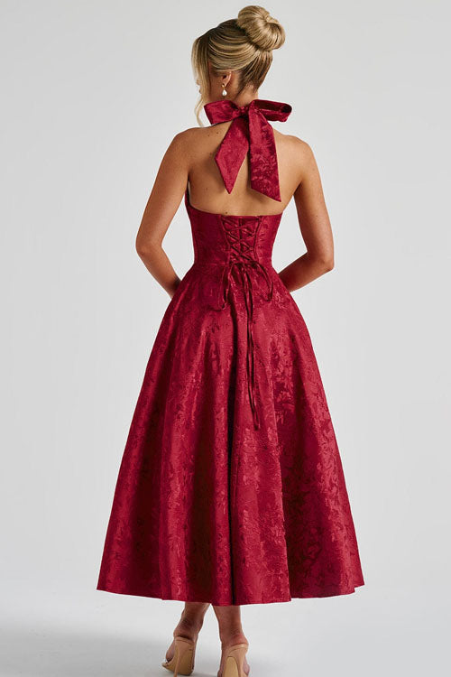 Genevieve™ | V-Hals Halterneck Mouwloze Jacquard Maxi Jurk
