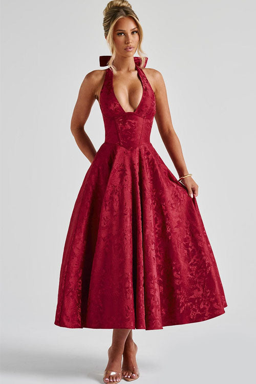 Genevieve™ | V-Hals Halterneck Mouwloze Jacquard Maxi Jurk