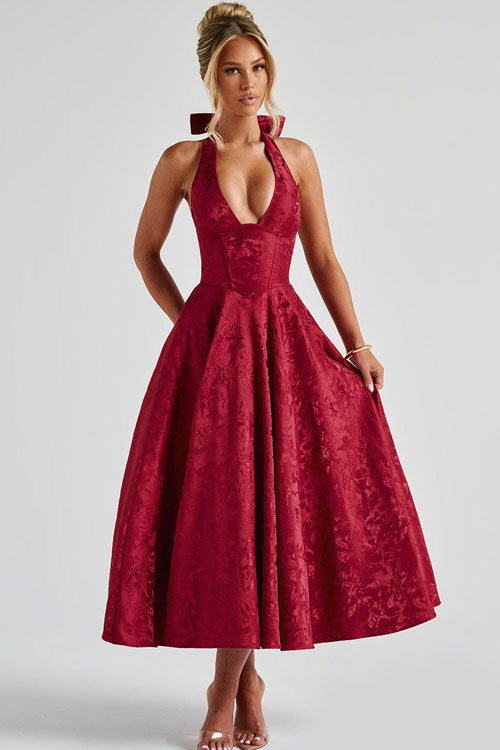 Genevieve™ | V-Hals Halterneck Mouwloze Jacquard Maxi Jurk