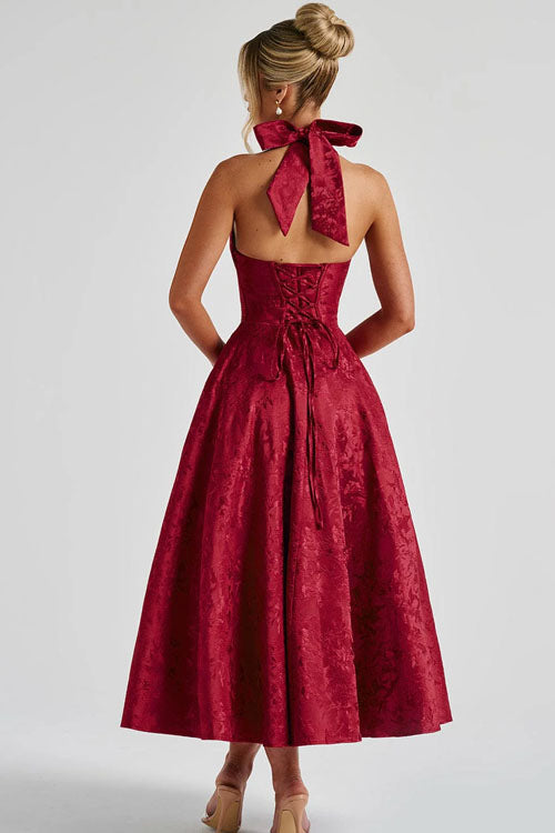 Genevieve™ | V-Hals Halterneck Mouwloze Jacquard Maxi Jurk