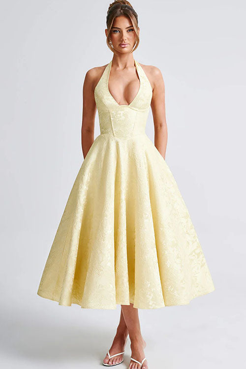 Genevieve™ | V-Hals Halterneck Mouwloze Jacquard Maxi Jurk