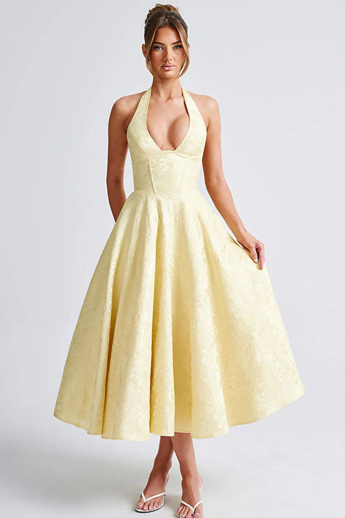 Genevieve™ | V-Hals Halterneck Mouwloze Jacquard Maxi Jurk