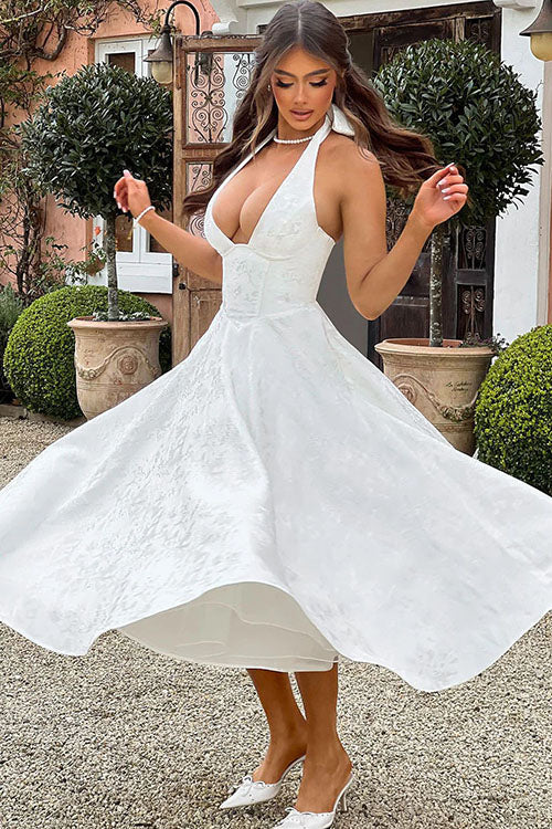 Genevieve™ | V-Hals Halterneck Mouwloze Jacquard Maxi Jurk