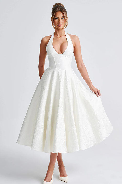 Genevieve™ | V-Hals Halterneck Mouwloze Jacquard Maxi Jurk
