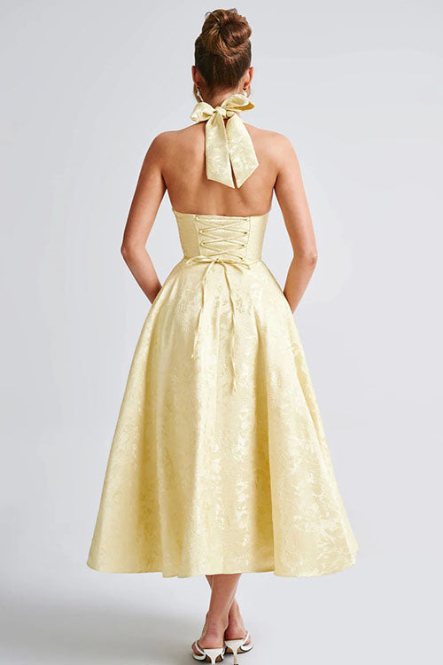 Genevieve™ | V-Hals Halterneck Mouwloze Jacquard Maxi Jurk