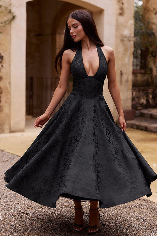 Genevieve™ | V-Hals Halterneck Mouwloze Jacquard Maxi Jurk