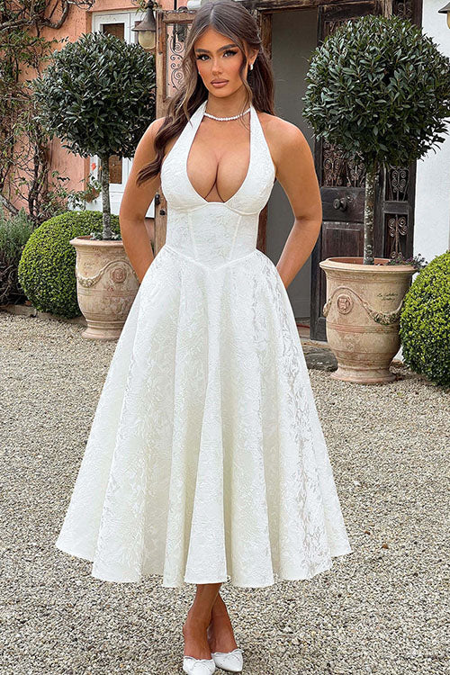 Genevieve™ | V-Hals Halterneck Mouwloze Jacquard Maxi Jurk