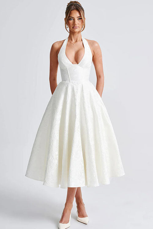 Genevieve™ | V-Hals Halterneck Mouwloze Jacquard Maxi Jurk