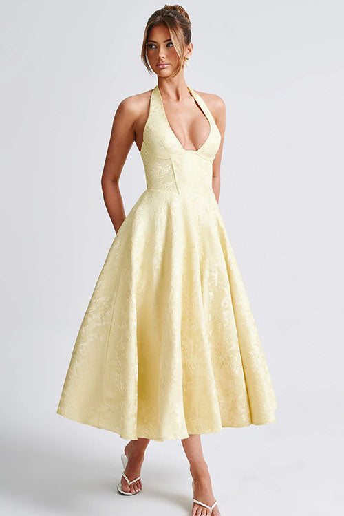 Genevieve™ | V-Hals Halterneck Mouwloze Jacquard Maxi Jurk