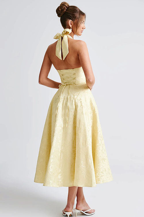 Genevieve™ | V-Hals Halterneck Mouwloze Jacquard Maxi Jurk