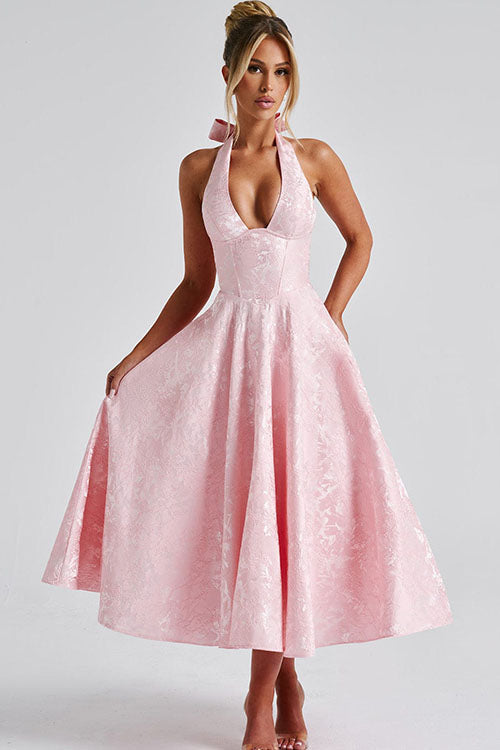 Genevieve™ | V-Hals Halterneck Mouwloze Jacquard Maxi Jurk