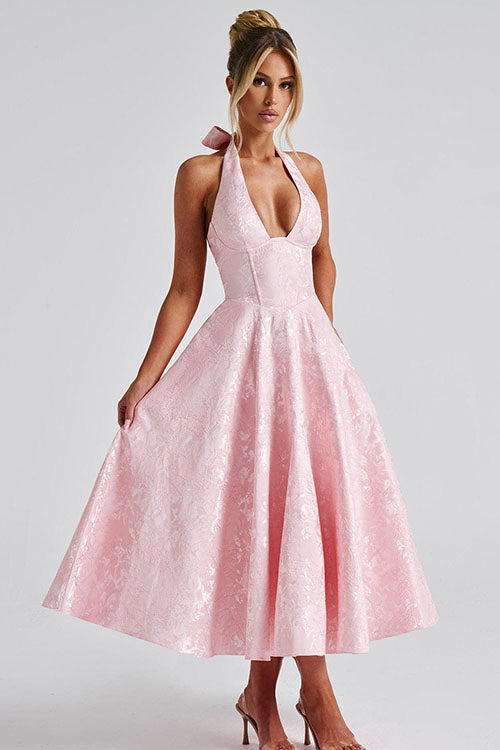 Genevieve™ | V-Hals Halterneck Mouwloze Jacquard Maxi Jurk