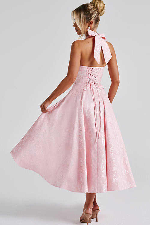 Genevieve™ | V-Hals Halterneck Mouwloze Jacquard Maxi Jurk